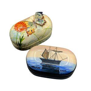 Russian Lacquer Pill Boxes Set Butterfly Boat Pill Shape Miniature Trinket Boxes